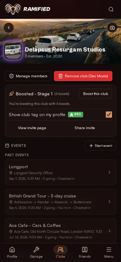 A Ramified club hub showing club events and member management