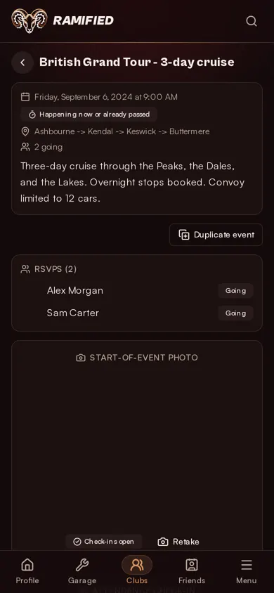 A Ramified event page for a three-day cruise with RSVPs